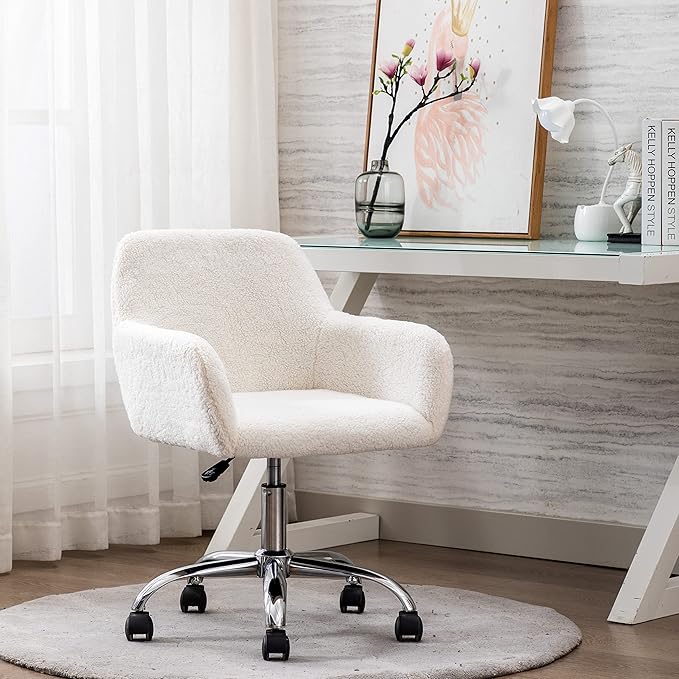 KCC Faux Fur Vanity Makeup Desk Chair, Comfy Fluffy Swivel Modern Leisure Armchair with Wheels, Upholstered Fuzzy Height Adjustable for Teens Women Girls Elegant Home Office