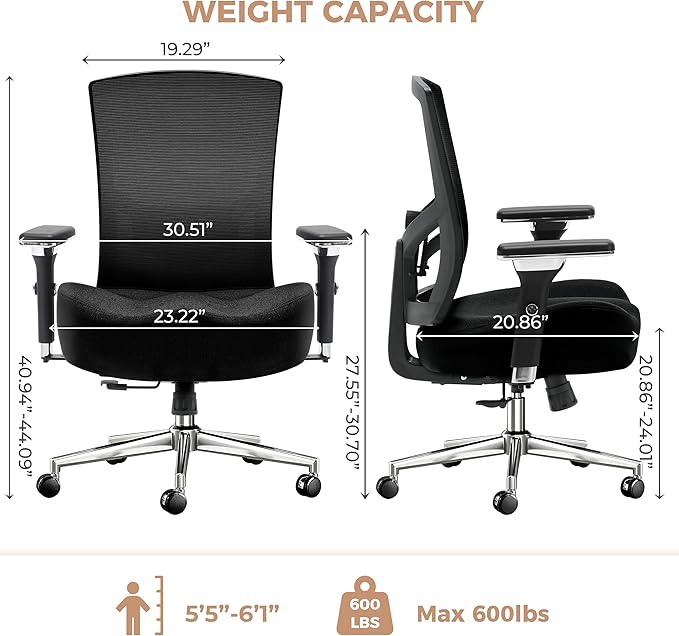 600lbs Big and Tall Office Chair,Oversized Ergonomic Breathable Mesh Desk Chair with W-Shape Thicken Seat Cushion,Computer Chair with Upgraded 4D Armrest,Lumbar Support for Heavy People All Day