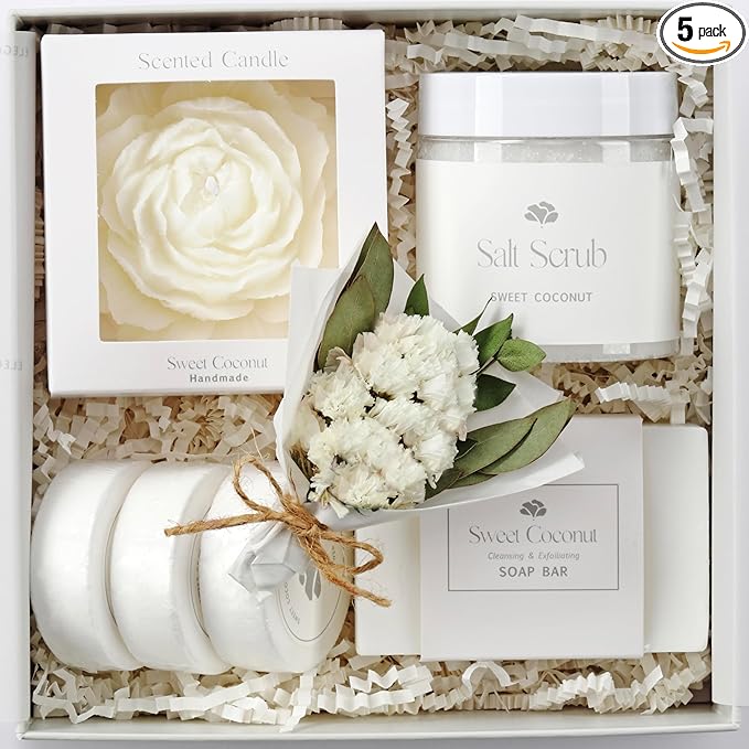 Spa Gift Box for Women – Sweet Coconut Candle Set, Ready to Gift Bath & Body Birthday Basket for Women, Small Handmade Vegan Luxury Self Care Box