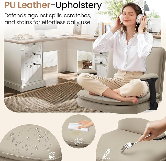 Criss Cross Office Chair with Wheels - PU Leather Wide Criss Cross Desk Chair with Flip-up Arms and Thick Cushion - Comfy Tilting Swivel Rolling Vanity Chair for Home Office Bedroom Apartment