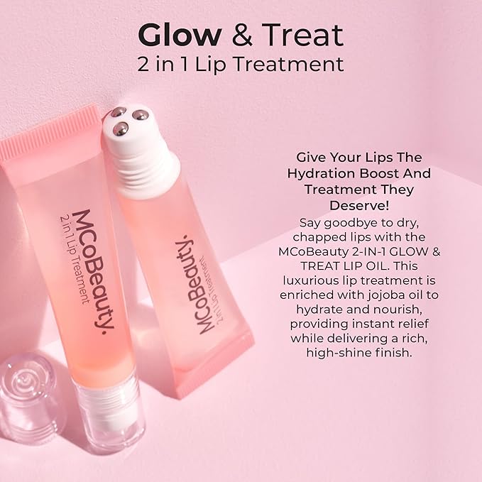 MCoBeauty Glow and Treat 2-in-1 Lip Treatment Berry - Tinted Lip Oil with Squalane Roller Ball Applicator - Glossy Moisturizing Lip Balm Gloss for Dry Lips - Vegan Cruelty Free Lip Care - 10ml