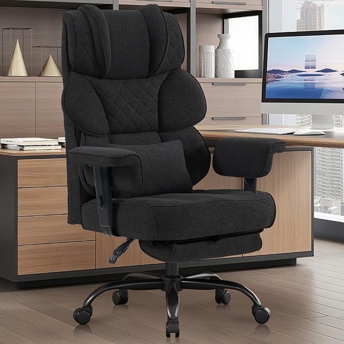 Vonesse Big and Tall Office Chair, Computer Chair with Soft Adjustable Armrests, Ergonomic Gaming Chair with Breathable Linen Design, Executive Chairs with Footrest (Linen Fabric, Classic Black)