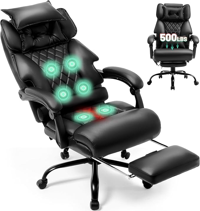 Massage Office Chair with Foot Rest,6 Points Vibration & Heat Executive Office Chairs for Heavy People,500LBS Big and Tall Office Chair,Ergonomic Reclining Desk Chair,Dual-Use Pillow,Black