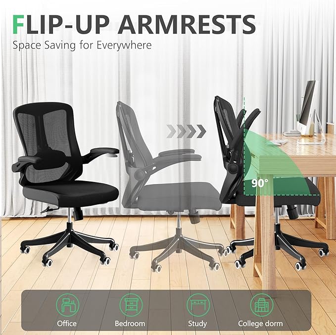 300 LBS Ergonomic Office Computer Mesh Chair - Adjustable Height Rolling Desk Chair with Flip-Up Armrests & High Back Support - Comfortable Swivel Task Chair for Home Office