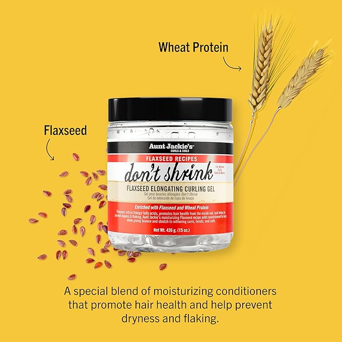 Aunt Jackie's Flaxseed Recipes Don't Shrink Elongating Hair Curling Gel for Natural Curls, Coils and Waves, Helps Prevent Dryness and Flaking, 15 oz