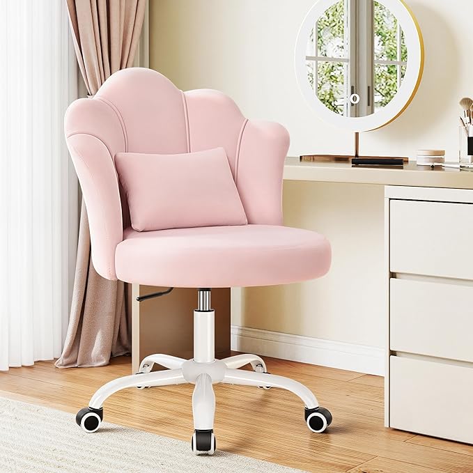 Petal Vanity Chair with Wheels, 3.15" Extra Thick Comfy Makeup Chair, Adjustable Modern Swivel Armless Desk Chair for Girls Women, Aesthetic Small Office Chair for Bedroom Dorm