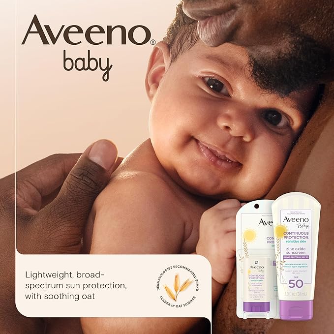 Aveeno Baby Continuous Protection Zinc Oxide Mineral Sunscreen Lotion for Sensitive Skin, Broad Spectrum SPF 50, Tear-Free, Sweat- & Water-Resistant, Paraben-Free, Non-Greasy, 7 fl. oz