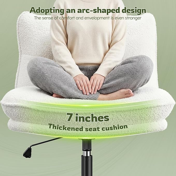 Criss Cross Chair with Wheels, 7" Extra Thick Cross Legged Office Chair, Height Adjustable Swivel Design for Home Office, Study & Vanity,White