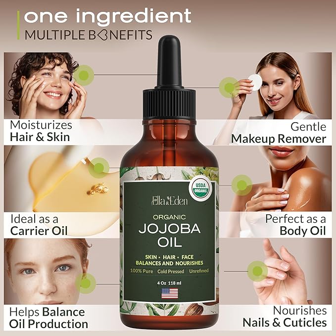 Ella & Eden Organic Rose Water Spray 4oz, Jojoba Oil 4oz, Castor Oil 16oz | Hexane-Free, Cold-Pressed, Unrefined, USDA Certified, 100% Pure | for Face, Skin, Hair