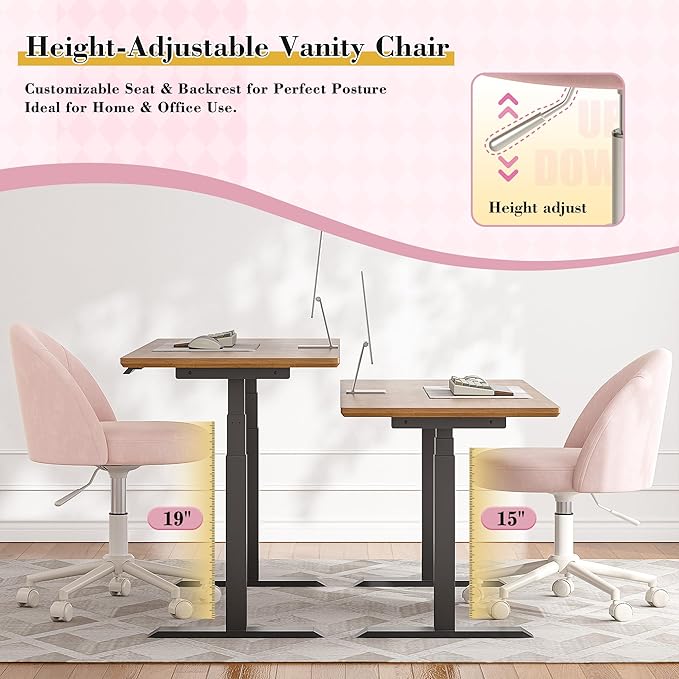 EnHomee Vanity Chair with Wheels, Pink Desk Chair with Back, Small Office Chair Armless for Makeup Room, Bedroom, Home Office