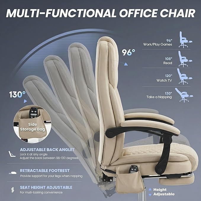 Massage Office Chair Set of 2 with 3-Level Heat and Footrest – 20-Min Easy Assembly, 300 lbs Big and Tall Desk Chair, PU Leather Ergonomic Executive Computer Chair with Side Pocket, Beige