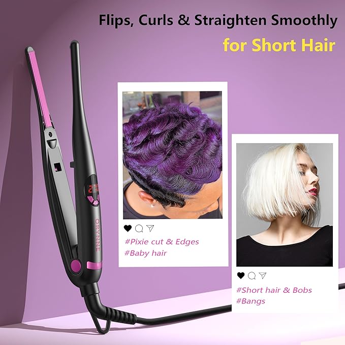 Small Flat Irons for Short Hair, 5s Ultra Fast Heat Up Pencil Flat Iron, Negative Ions Mini Flat Iron for Edges, 3/10'' Travel Mini Hair Straightener with Digital Temp Control, Easy to Use