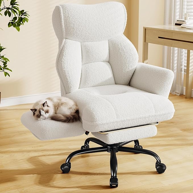 Big and Tall Office Chair with Adjustable Arms and Back, Ergonomic Office Chair with Footrest and Comfortable Fabric for Home Office, Bedroom,White