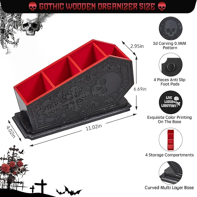 Gothic Coffin Decor Makeup Brush Holder,Spooky Witchy Gifts for Women,Skull Cosmetic Display Cases,Goth Decor Pen Holder, Vanity, Desk, Office Organizer for Christmas Bedroom Bathroom (Red)