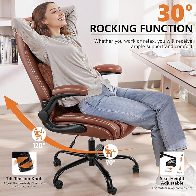 Office Chair, Ergonomic Desk Chairs with Lumbar Support for Lower Back Pain Relief, Executive Leather Chair with Padded Flip-up Armrests and Wheels, Brown