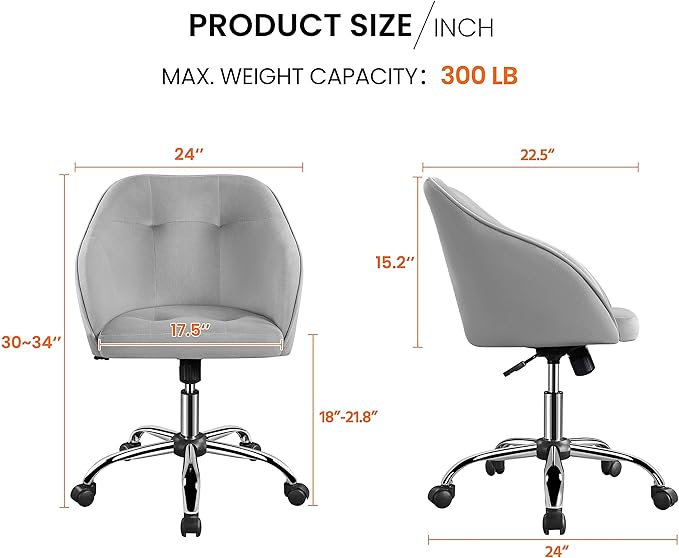 Yaheetech Velvet Desk Vanity Chair with Wheels Back Cute Small Swivel Comfy Computer Chair with Adjustable Height Tilt Angle Upholstered Accent Armchair for Bedroom Light Gray