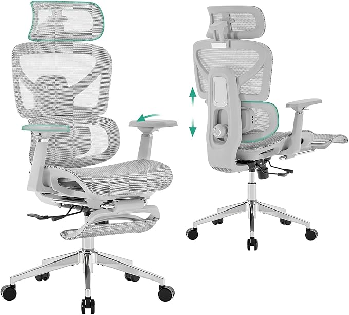 Ergonomic Office Chair with Footrest - 5-Level Adjustable Lumbar Support & 90-135°Recline, 3D Headrest & 4D Armrests, Breathable Mesh Seat Computer Chair for Home Office, Gaming, Light Grey
