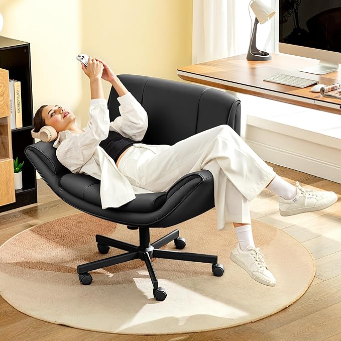 Criss Cross Chair with Wheels & Armrests,Comfy Wide Vanity Chair,Scratch-Resistant Pu Leather Cross Legged Desk Chair,Height Adjustable Computer Office Desk Chairs for Home,Makeup,Bedroom