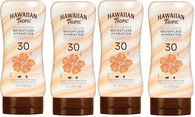 Hawaiian Tropic Weightless Hydration Lotion Sunscreen SPF 30,6Fl Oz Twin Pack,Oil Free Sunscreen,Hawaiian Tropic-Sunscreen SPF 30,Oxybenzone Free-Sunscreen,Body-Sunscreen,6Fl Oz each,(Pack of 2)