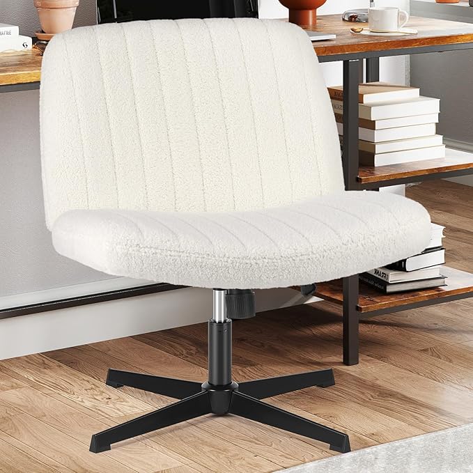 Sweetcrispy Criss Cross Chair Legged, Armless Office Swivel Desk Chair No Wheels, Vanity Height Adjustable Wide Seat Comfy Cute Computer Task Seating for Home Bedroom