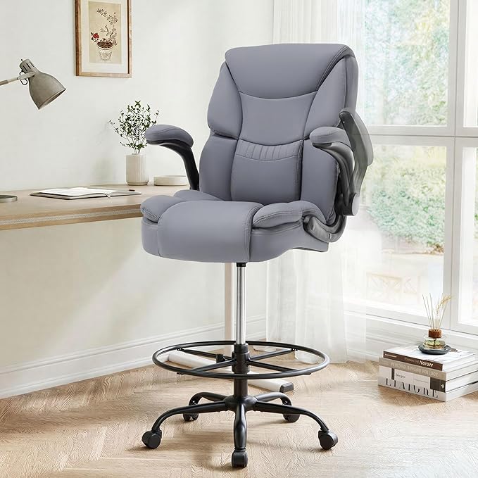 Ergonomic Drafting Chair, Tall Office Chair for Standing Desk, High Back Standing Desk Chair with Flip-Up Armrest, Adjustable Height&Foot Ring, Executive PU Leather Extended Height Office Chairs,Grey