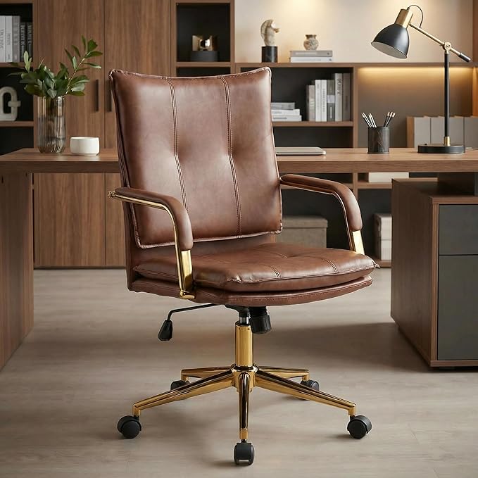MOJAY Office Chair, Leather Desk Chair, Brown Desk Chair, Mid Century Modern Office Chair, Swivel Comfy Upholstered Wide Seat Chair with Gold Legs and Armrests for Home, Office (Brown&Golden)
