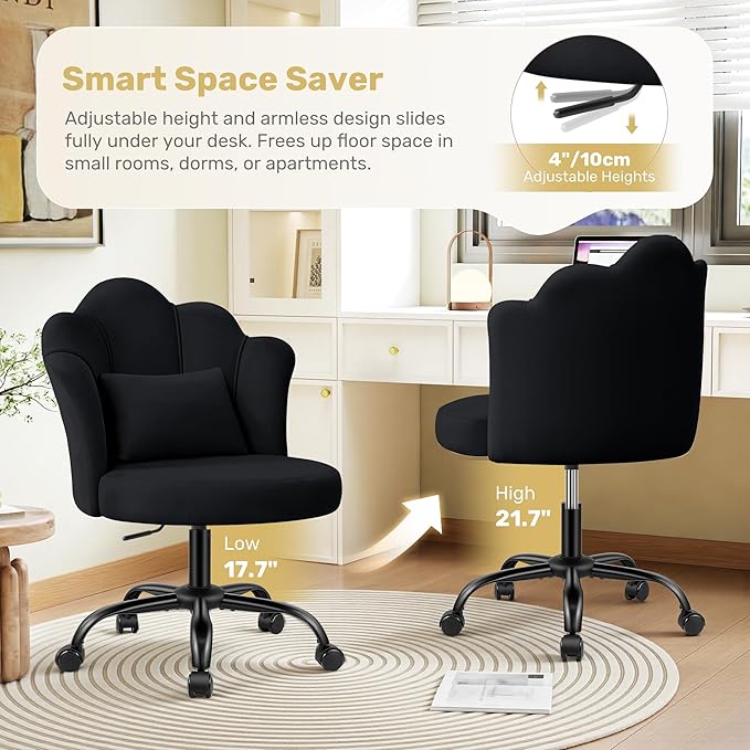Petal Vanity Chair with Wheels, 3.15" Extra Thick Comfy Makeup Chair, Adjustable Modern Swivel Armless Desk Chair for Girls Women, Aesthetic Small Office Chair for Bedroom Dorm
