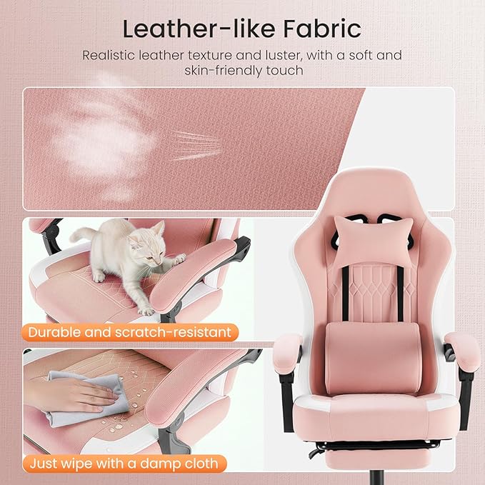NEWBULIG Gaming Chair with Footrest – High Back Ergonomic Computer Desk Chair with Lumbar Support, Headrest, Linkage Armrests, Reclining Office Chair with 360° Swivel & Height Adjustment, Pink