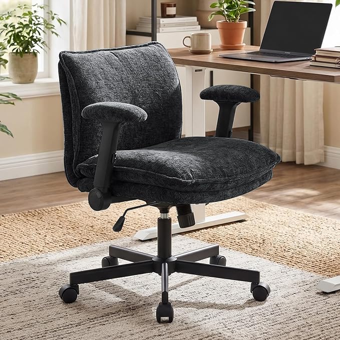 Cross Legged Office Chair, Height Adjustable Swivel Desk Chair with Flip-Up Arms, Padded Criss Cross Chair for Home Office & Bedroom