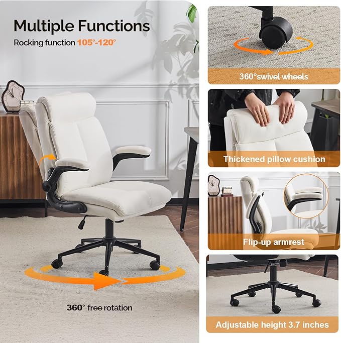 VINGLI Rolling Ergonomic Office Desk Chair with Padded Flip-up Arms, 360° Swivel High Back Executive Computer Task Chair with Wheels for Game，Home Small Space, Study Room, Reading Room, Linen White