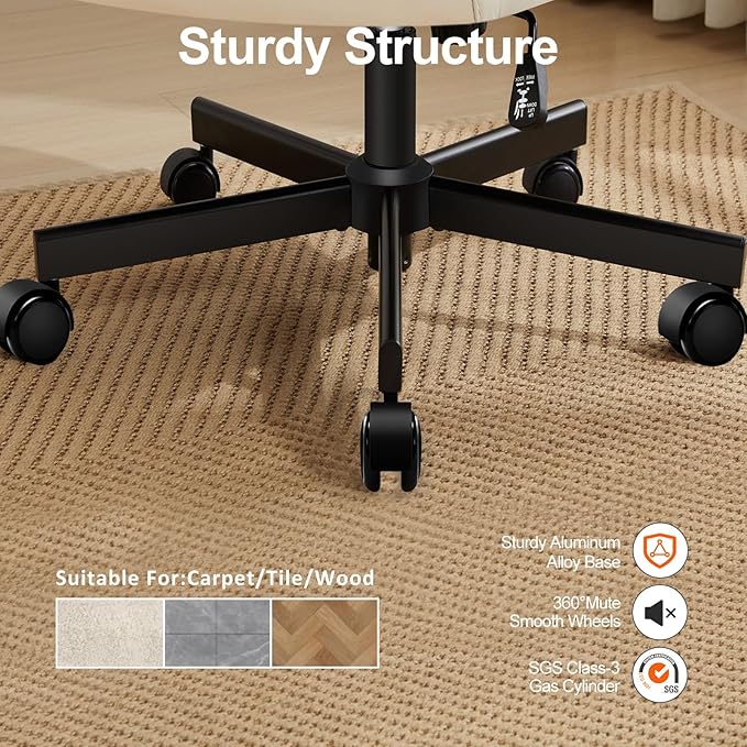 Criss Cross Chair with Wheels,Thick Padded Leather Cross Legged Office Desk Chair with Pocket Spring Cushion,Dual-Purpose Base,Wide Adjustable Computer Home Office Vanity Chair,Beige