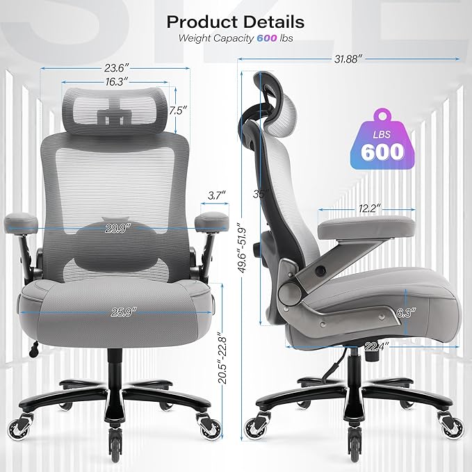 Big and Tall Office Chair 600lbs with 3D Flip Arms, Heavy Duty Large Executive Computer Desk Chair Ergonomic Mesh High Back Plus Size Chair for Adults