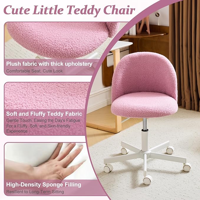 VINGLI Candy Chair Armless Cute Desk Chair,Comfy Small Office Chair with Wheels,Vanity Chair Lumbar Support,Teddy Adjustable Rolling Swivel Computer Task Chair for Home Office,Bedroom,Lilac Purple