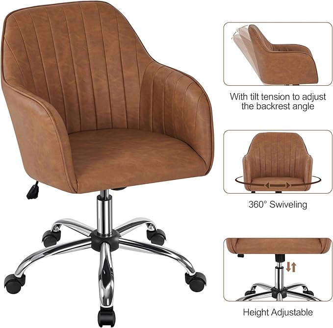 Yaheetech Modern Faux Leather Desk Chair Makeup Chair Height Adjustable Swivel Office Task Computer Armchair for Living Room Retro Brown