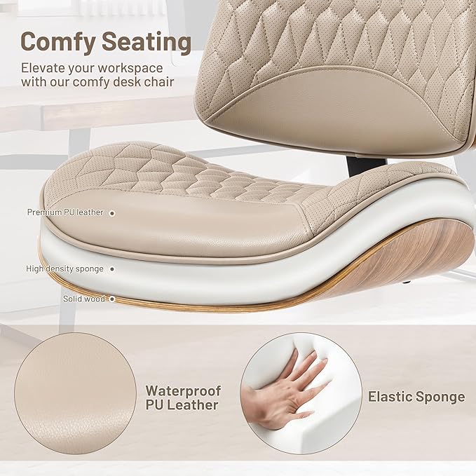 Walnut Bentwood Mid Back Armless Office Chair 2 Pack, Adjustable Height PU Leather Swivel Desk Chair with Wheels, Rolling Computer Task Chair for Home Office, Study, Meeting Room