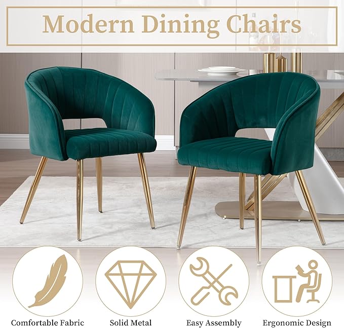 Westice Velvet Home Office Desk Chair Set of 1, Modern Tufted Vanity Chairs with Gold Metal Legs, Upholstered Accent Armchair for Living Room Restaurant, Dark Green