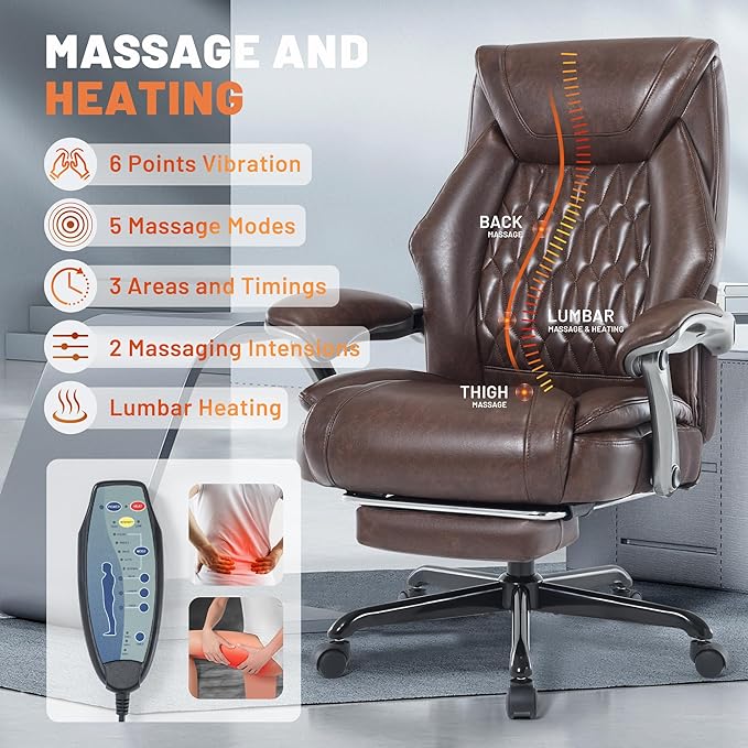Massage Office Chair with Heating Function & Footrest, 6-Point Vibration, Ergonomic Executive Reclining Desk Chair with Padded Seat for Relaxation, Comfort & Stress Relief