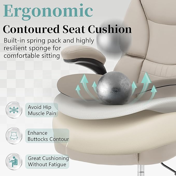 Ergonomic Drafting Chair, Tall Office Chair for Standing Desk, High Back Standing Desk Chair with Flip-Up Armrest, Adjustable Height&Foot Ring, Executive PU Leather Extended Height Office Chairs,Beige