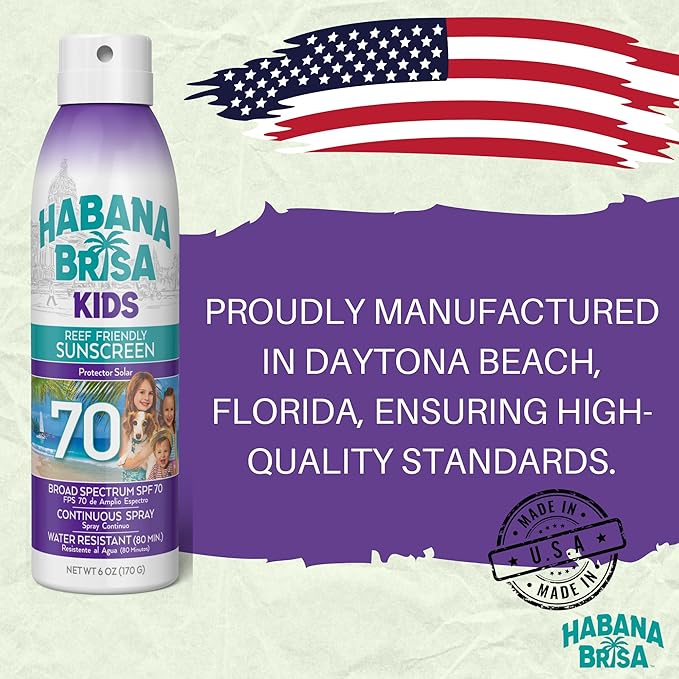 Habana Brisa Kids Sunscreen Spray SPF 70, Hawaii 104 Reef Act Compliant | Octinoxate & Oxybenzone Free | Broad Spectrum UVA/UVB Protection, Water Resistant Sun Protection for Sensitive Skin, 6 Oz