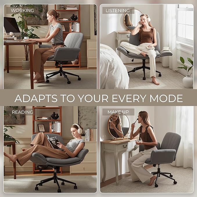 Dowinx Criss Cross Chair with Five-Level Adjustable Arms and Wheels - Comfortable Ergonomic PU Leather Swivel Vanity Chair - Computer Makeup Gaming Chair for Home Office, Bedroom, Vanity Room (Grey)