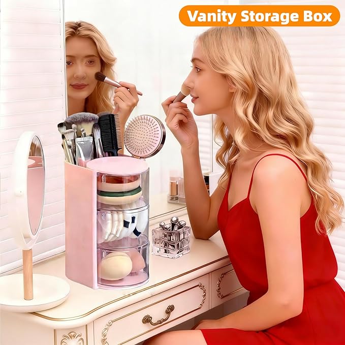 3-Layer Rotating Makeup & Jewelry Organizer with Hair Brush Holder, Vanity Organizer for Earrings, Necklaces, Rings, Bracelets, Hair Clips and Makeup Brushes (Pink)