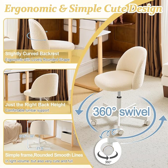 VINGLI Candy Chair Armless Cute Desk Chair,Comfy Small Office Chair with Wheels,Vanity Chair Lumbar Support,Teddy Adjustable Rolling Swivel Computer Task Chair for Home Office,Bedroom,Creamy Beige