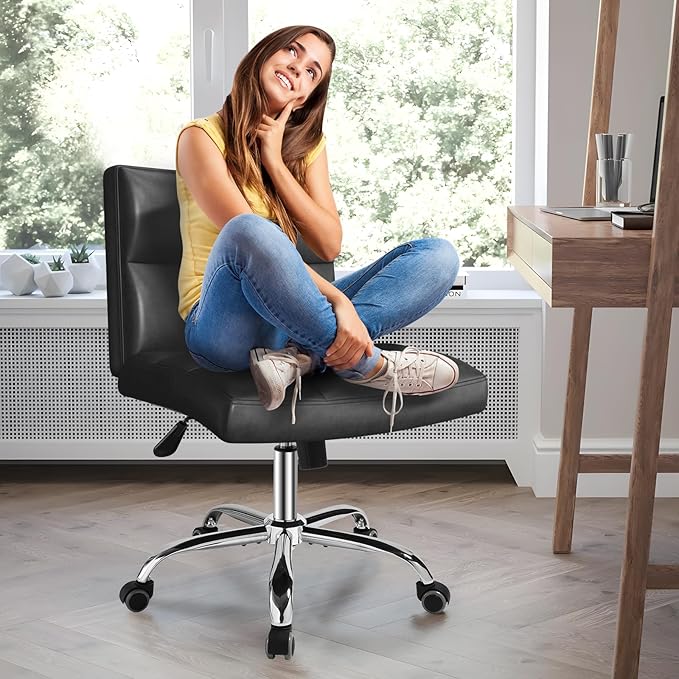 Black Office Chair with Wheels - 360° Swivel Armless Back Support，Comfortable Pu Adjustable Rolling Desk Chairs for Office，Home，Vanity，Bedroom，Big Space (Widened Black)