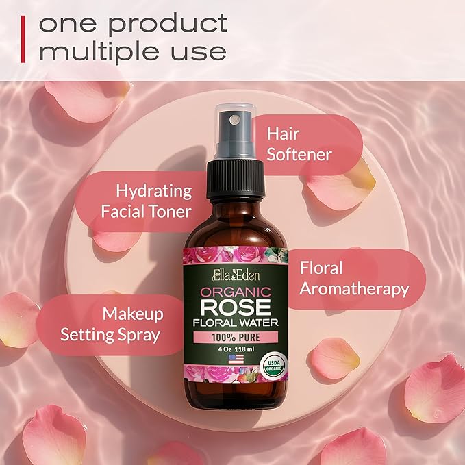 Ella & Eden Organic Rose Water Spray for Face 4oz & Organic Castor Oil for Hair & Skin 16oz | Cold-Pressed, Unrefined, USDA Certified, 100% Pure, Hexane-Free