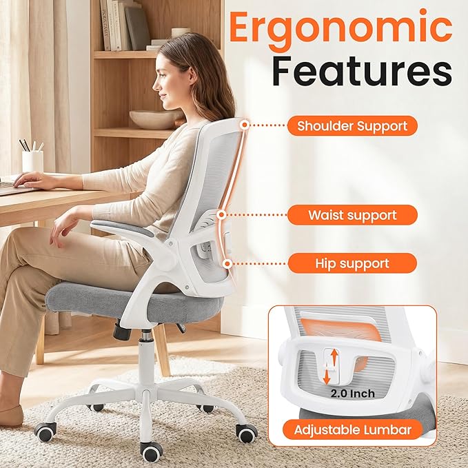 NEO Chair Office Chair High Back Desk Mesh Chair Comfy Computer Gaming Seat with Adjustable Ergonomic Lumbar Rolling Flip-up Armrests and Wheels (Grey)