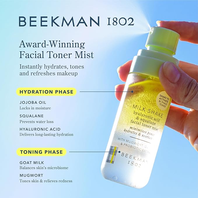 Beekman 1802 Reset & Tone Bundle - Magnesium Milk Barrier Reset Jelly Mist (2oz) and Milk Shake Face Mist Hyaluronic Acid Toner (2oz)