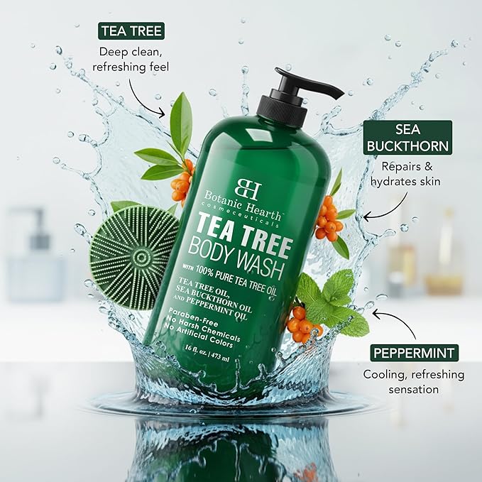 Botanic Hearth Tea Tree Body Wash with Silicone Dual-Sided Design Body Brush & Scrubber | Infused with 100% Pure Tea Tree Oil, Coconut, Jojoba |Foot & Body Cleanser | Paraben Free |16 fl oz
