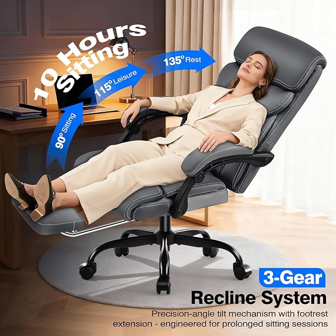 AreShark Office Chair - Ergonomic Comfortable High Back Computer Desk Chair with Foot Rest - Executive Breathable Swivel Rolling Reclining Leather Chair with Lumbar Support for Home Gaming Relaxing