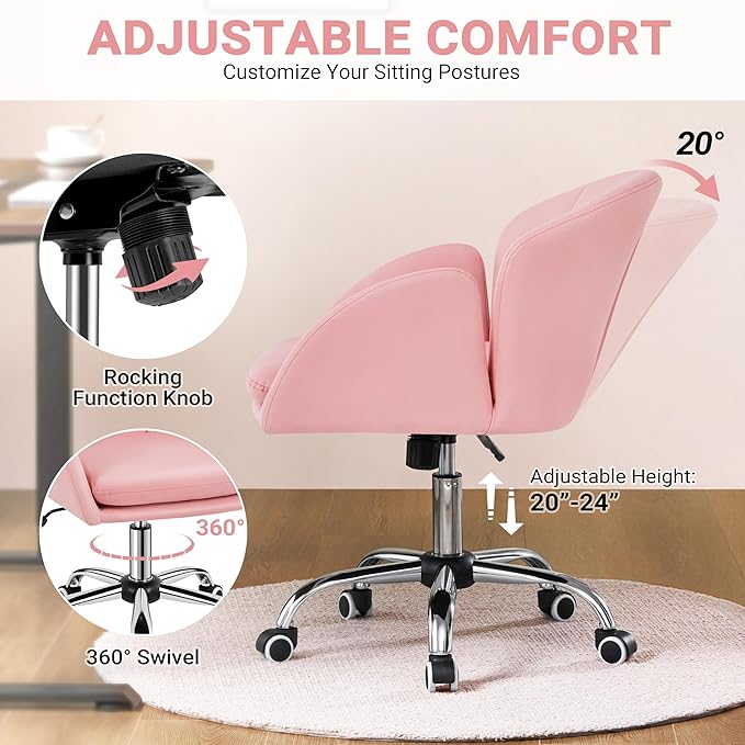 Yaheetech Cute Petal Desk Chair Home Office Chair Swivel Upholstered Leather Desk Chair Makeup Vanity Chair with Armrests for Bedroom Modern Computer Rolling Chair for Women Simple Pink