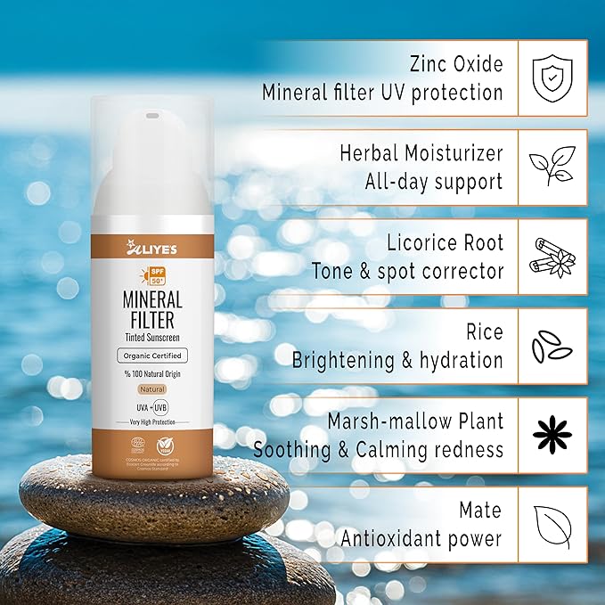 Aliye’s Tinted Organic Sunscreen SPF 50+ | Ecocert Cosmos Certified | 100% Mineral & Vegan Sun Protection | Safe for Sensitive Skin | 50ml (Natural)